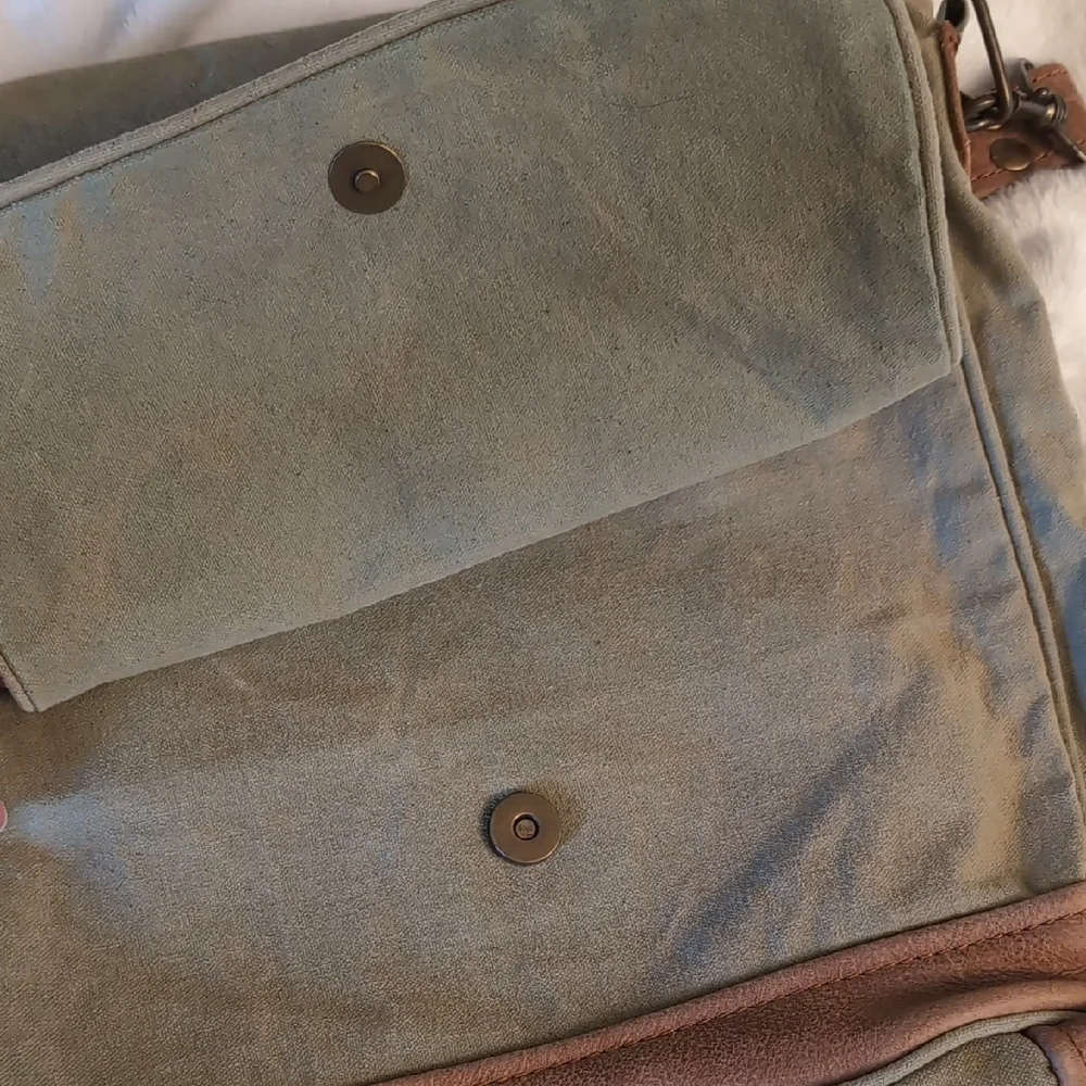 Olive Green Canvas Messenger Bag with Brown Trim and Air Mail Print